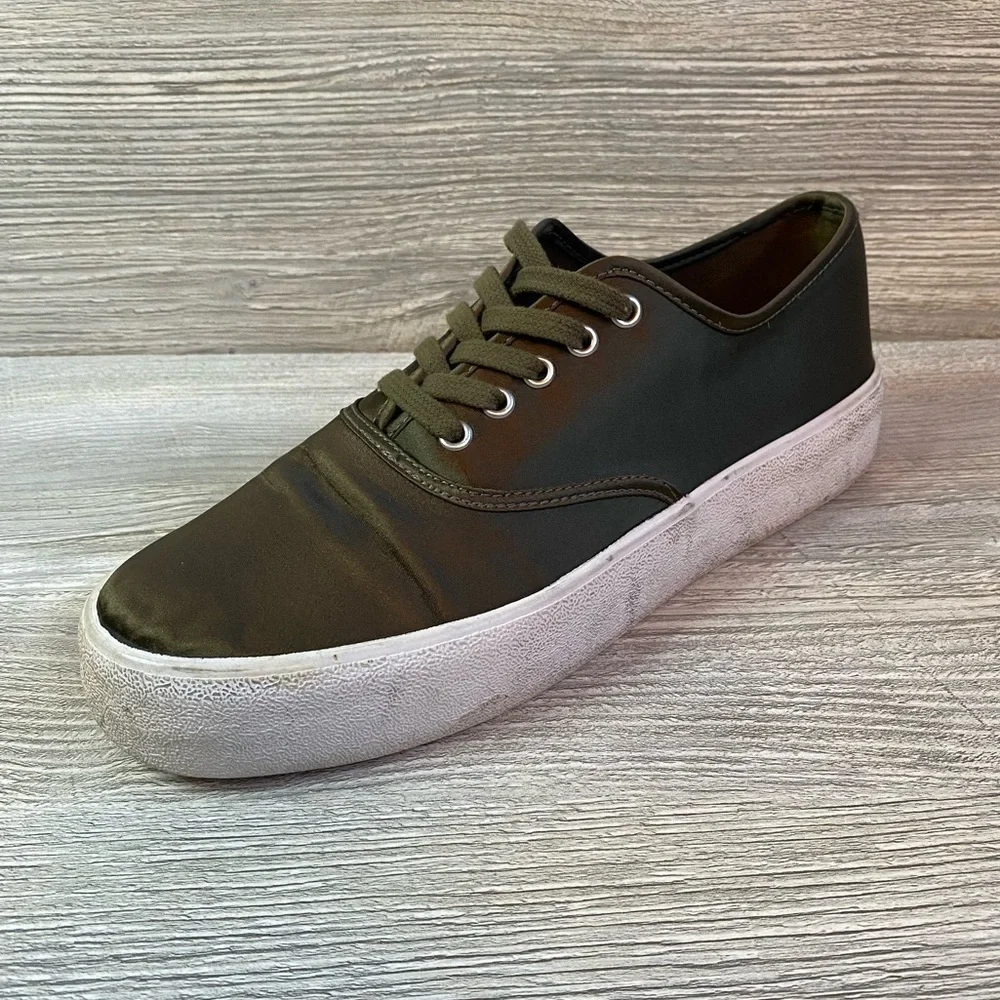 Olive satin lace up sneakers with chunky white soles size 40 Pull & Bear